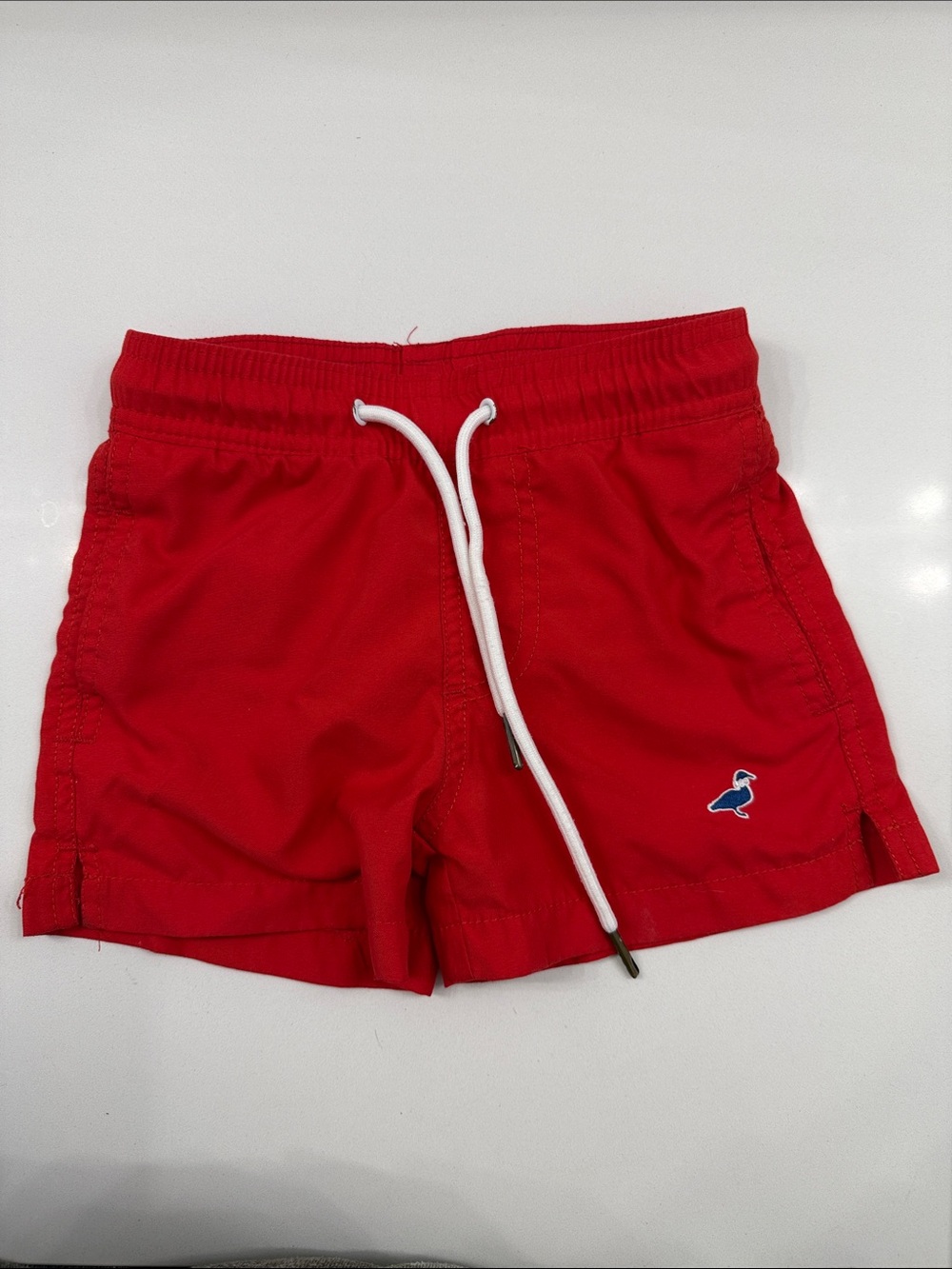 Little Kids Red Swim Shorts with White Drawstring